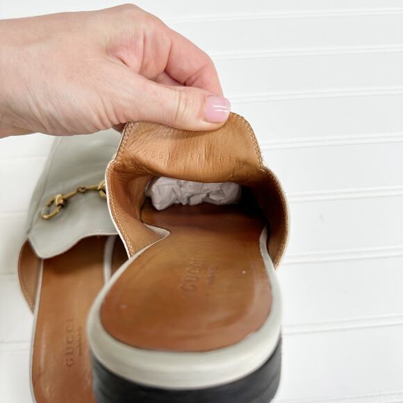 Gucci Princetown Loafer Mules Gray Bone Leather Flats Gold Horsebit Buckle 37.5 - Picture 4 of 8